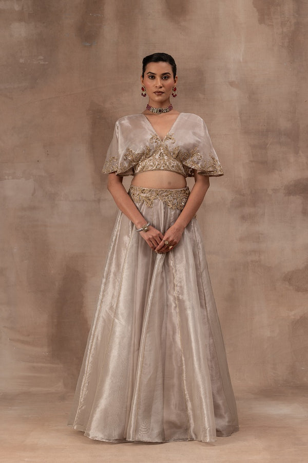 Rose gold tissue butterfly sleeve blouse with tissue skirt